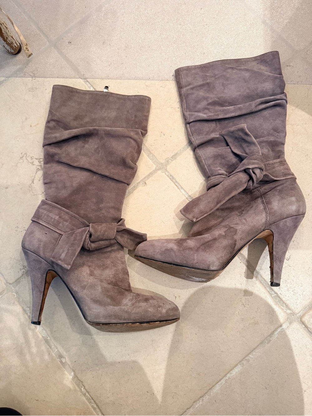 Women's Taupe Suede Mid-Calf Heeled Boots